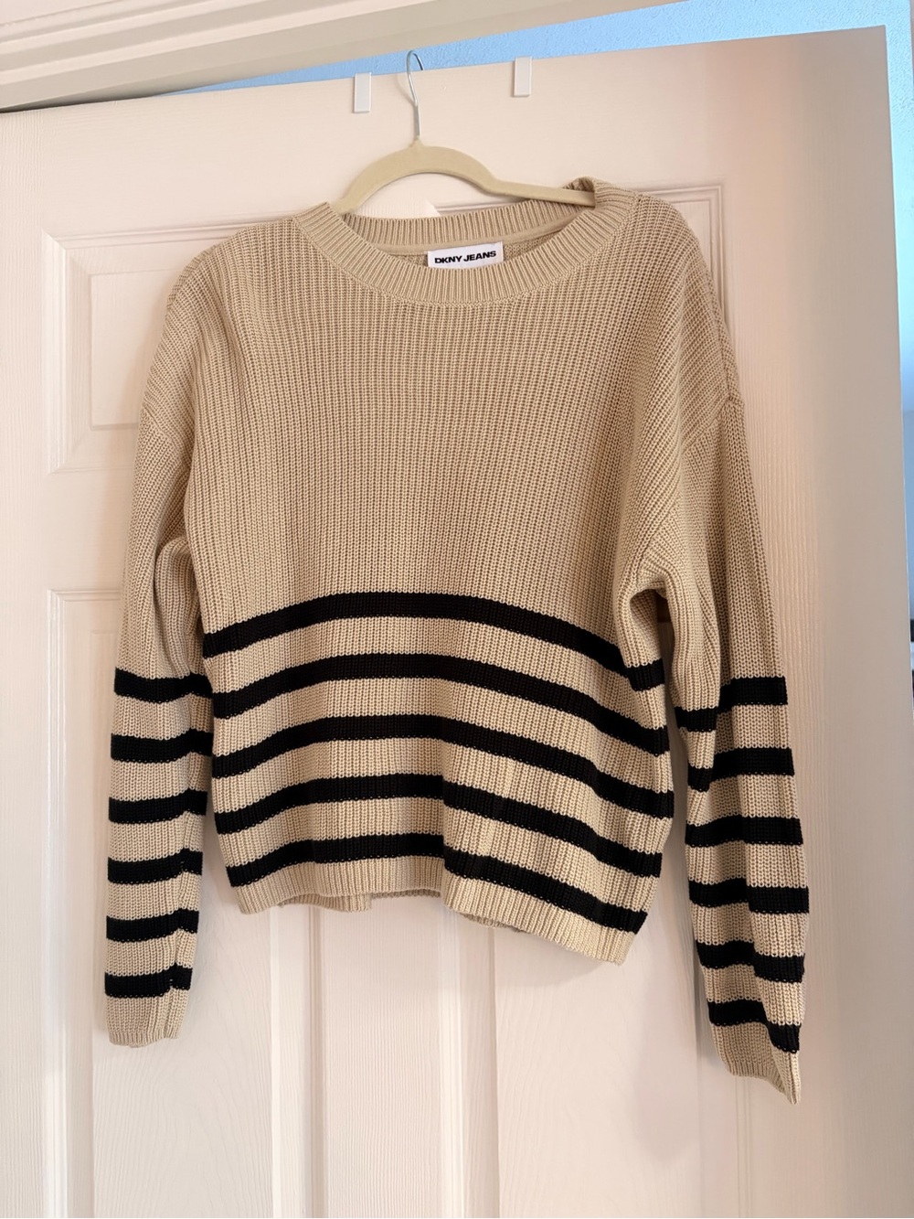 Dkny Beige and Black Striped Crewneck Sweater